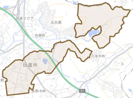 藤島町とその周辺の地図。町の範囲を重ねている