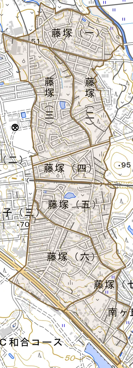 藤塚とその周辺の地図。町の範囲を重ねている