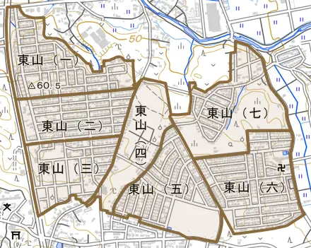 東山とその周辺の地図。町の範囲を重ねている