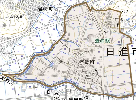 本郷町とその周辺の地図。町の範囲を重ねている
