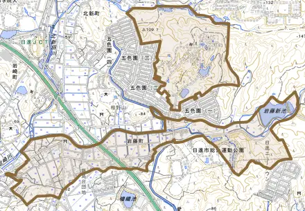 岩藤町とその周辺の地図。町の範囲を重ねている