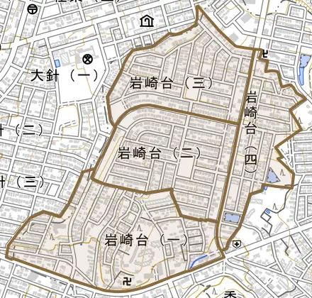 岩崎台とその周辺の地図。町の範囲を重ねている