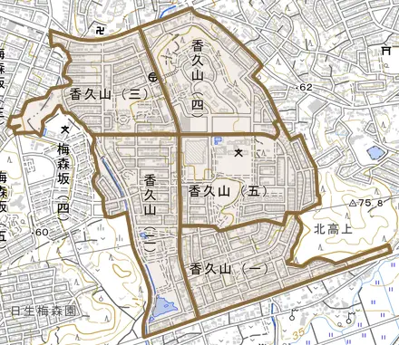 香久山とその周辺の地図。町の範囲を重ねている