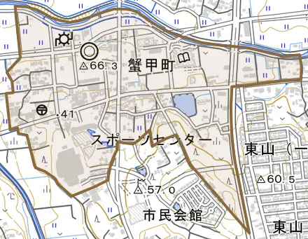 蟹甲町とその周辺の地図。町の範囲を重ねている