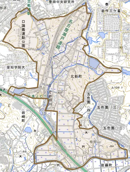 北新町とその周辺の地図。町の範囲を重ねている