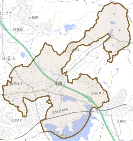 米野木町とその周辺の地図。町の範囲を重ねている