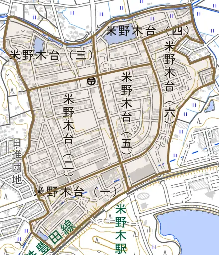 米野木台とその周辺の地図。町の範囲を重ねている