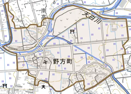 野方町とその周辺の地図。町の範囲を重ねている