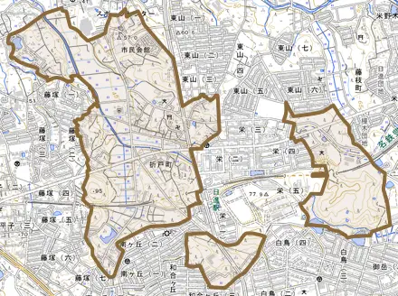 折戸町とその周辺の地図。町の範囲を重ねている