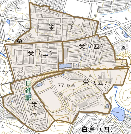 栄とその周辺の地図。町の範囲を重ねている