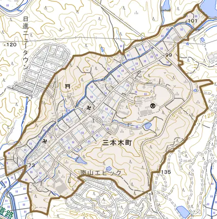 三本木町とその周辺の地図。町の範囲を重ねている