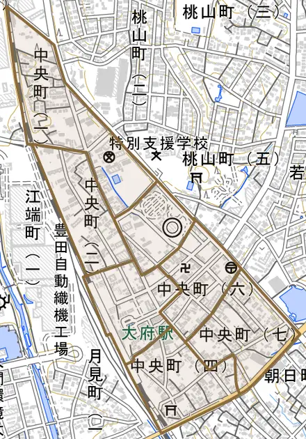 中央町とその周辺の地図。町の範囲を重ねている