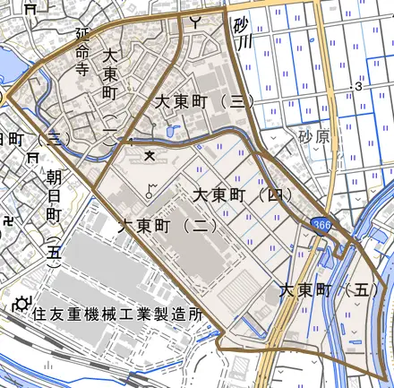 大東町とその周辺の地図。町の範囲を重ねている