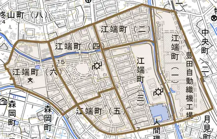 江端町とその周辺の地図。町の範囲を重ねている