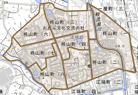 柊山町とその周辺の地図。町の範囲を重ねている
