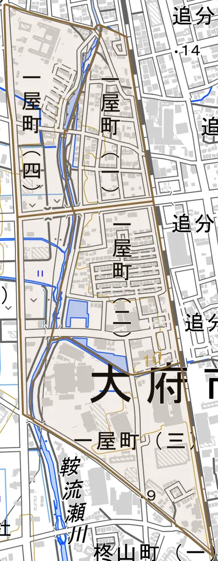 一屋町とその周辺の地図。町の範囲を重ねている
