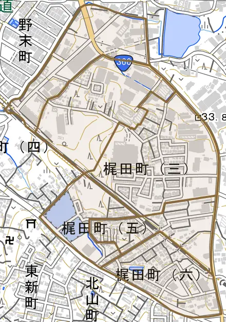 梶田町とその周辺の地図。町の範囲を重ねている