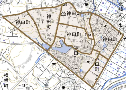 神田町とその周辺の地図。町の範囲を重ねている