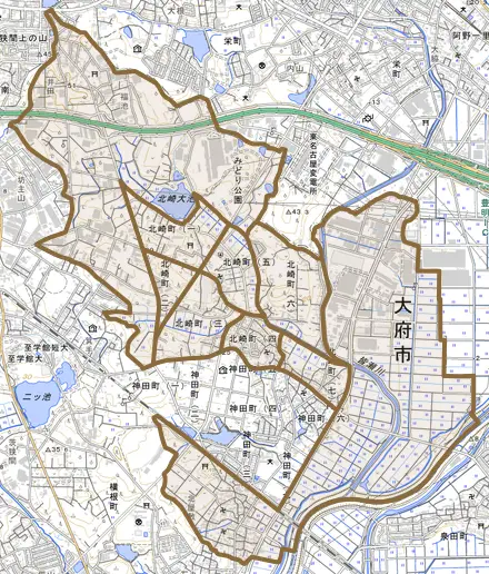北崎町とその周辺の地図。町の範囲を重ねている