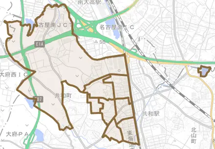 共和町とその周辺の地図。町の範囲を重ねている