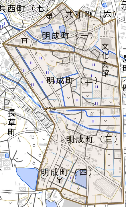 明成町とその周辺の地図。町の範囲を重ねている