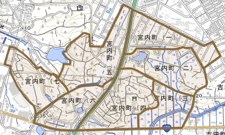 宮内町とその周辺の地図。町の範囲を重ねている
