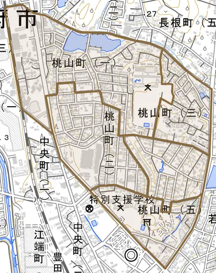 桃山町とその周辺の地図。町の範囲を重ねている