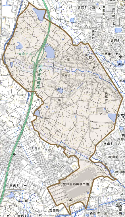 長草町とその周辺の地図。町の範囲を重ねている