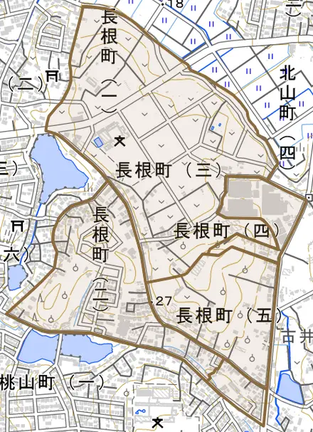 長根町とその周辺の地図。町の範囲を重ねている