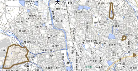 大府町とその周辺の地図。町の範囲を重ねている