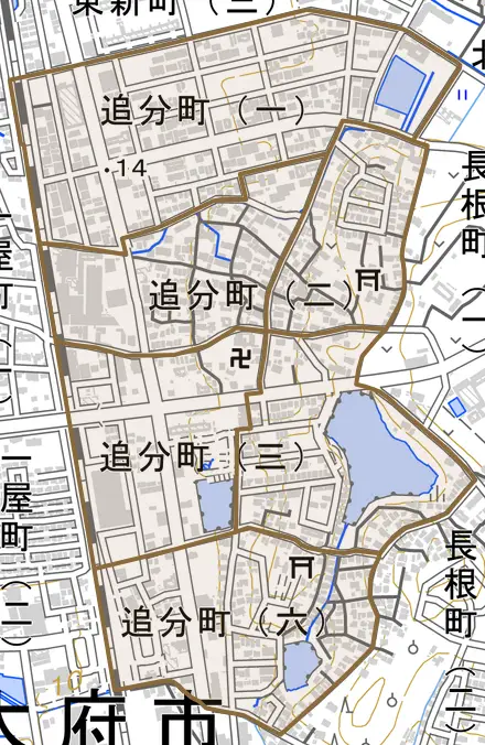 追分町とその周辺の地図。町の範囲を重ねている