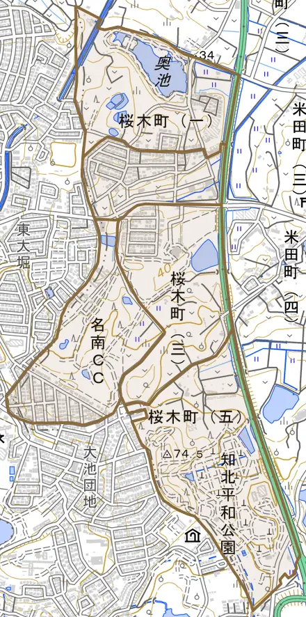 桜木町とその周辺の地図。町の範囲を重ねている