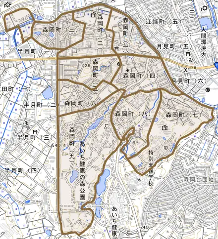 森岡町とその周辺の地図。町の範囲を重ねている