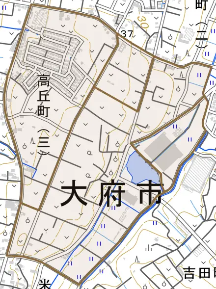 高丘町とその周辺の地図。町の範囲を重ねている