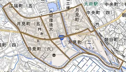 月見町とその周辺の地図。町の範囲を重ねている