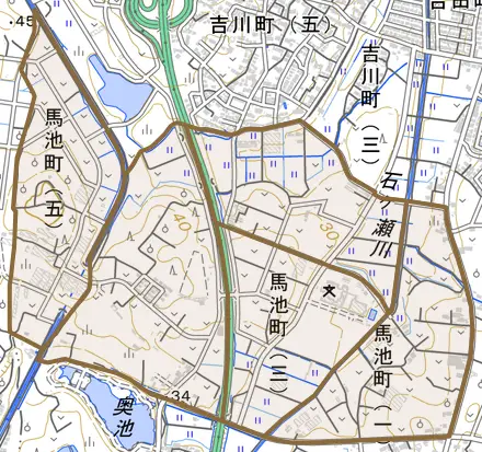 馬池町とその周辺の地図。町の範囲を重ねている