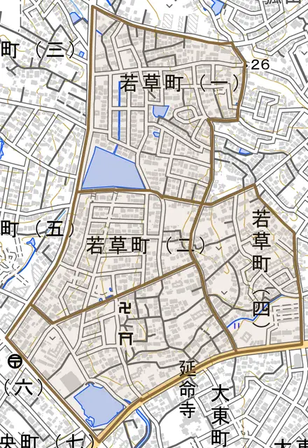 若草町とその周辺の地図。町の範囲を重ねている