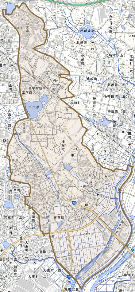 横根町とその周辺の地図。町の範囲を重ねている