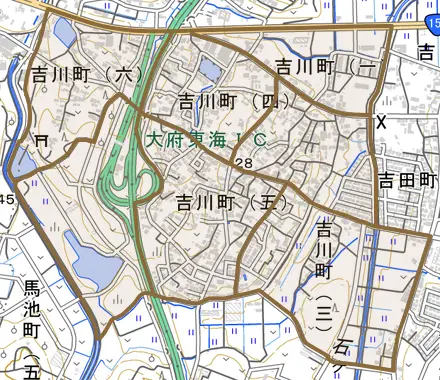 吉川町とその周辺の地図。町の範囲を重ねている
