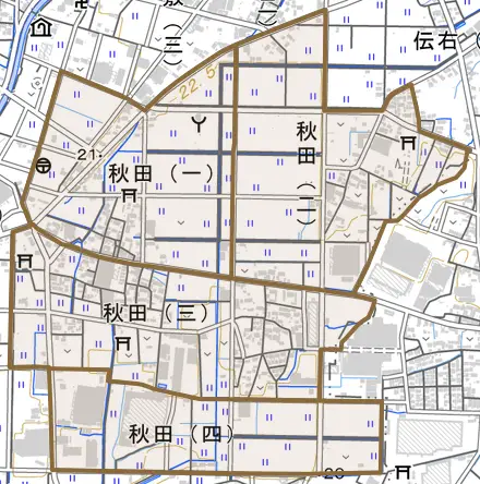秋田とその周辺の地図。町の範囲を重ねている