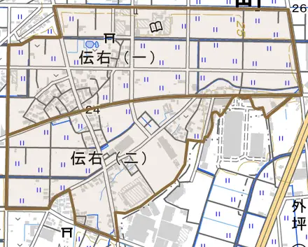 伝右とその周辺の地図。町の範囲を重ねている