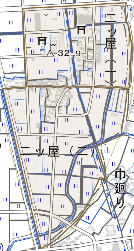 二ツ屋とその周辺の地図。町の範囲を重ねている