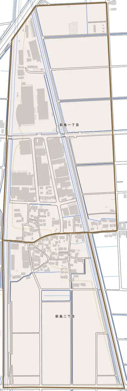 萩島とその周辺の地図。町の範囲を重ねている