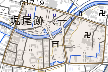 堀尾跡とその周辺の地図。町の範囲を重ねている