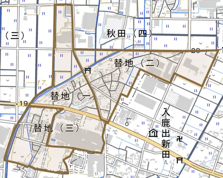替地とその周辺の地図。町の範囲を重ねている