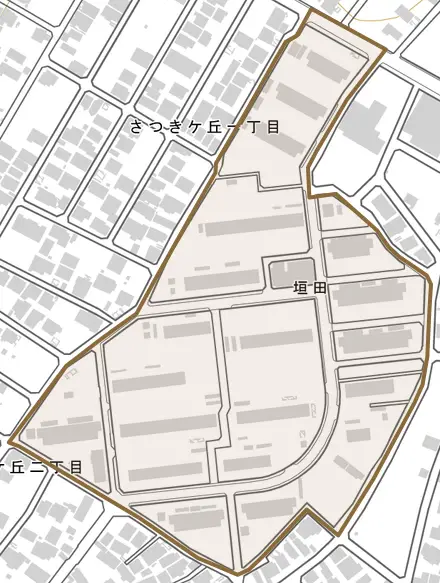 垣田とその周辺の地図。町の範囲を重ねている