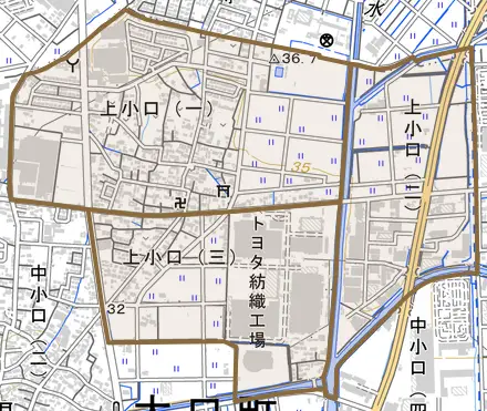 上小口とその周辺の地図。町の範囲を重ねている