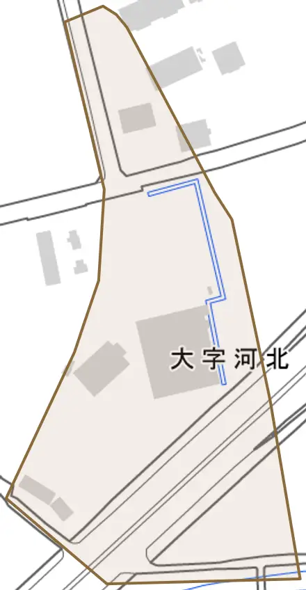 大字河北とその周辺の地図。町の範囲を重ねている