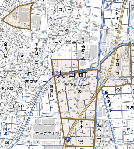 中小口とその周辺の地図。町の範囲を重ねている