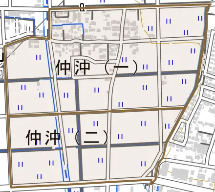 仲沖とその周辺の地図。町の範囲を重ねている